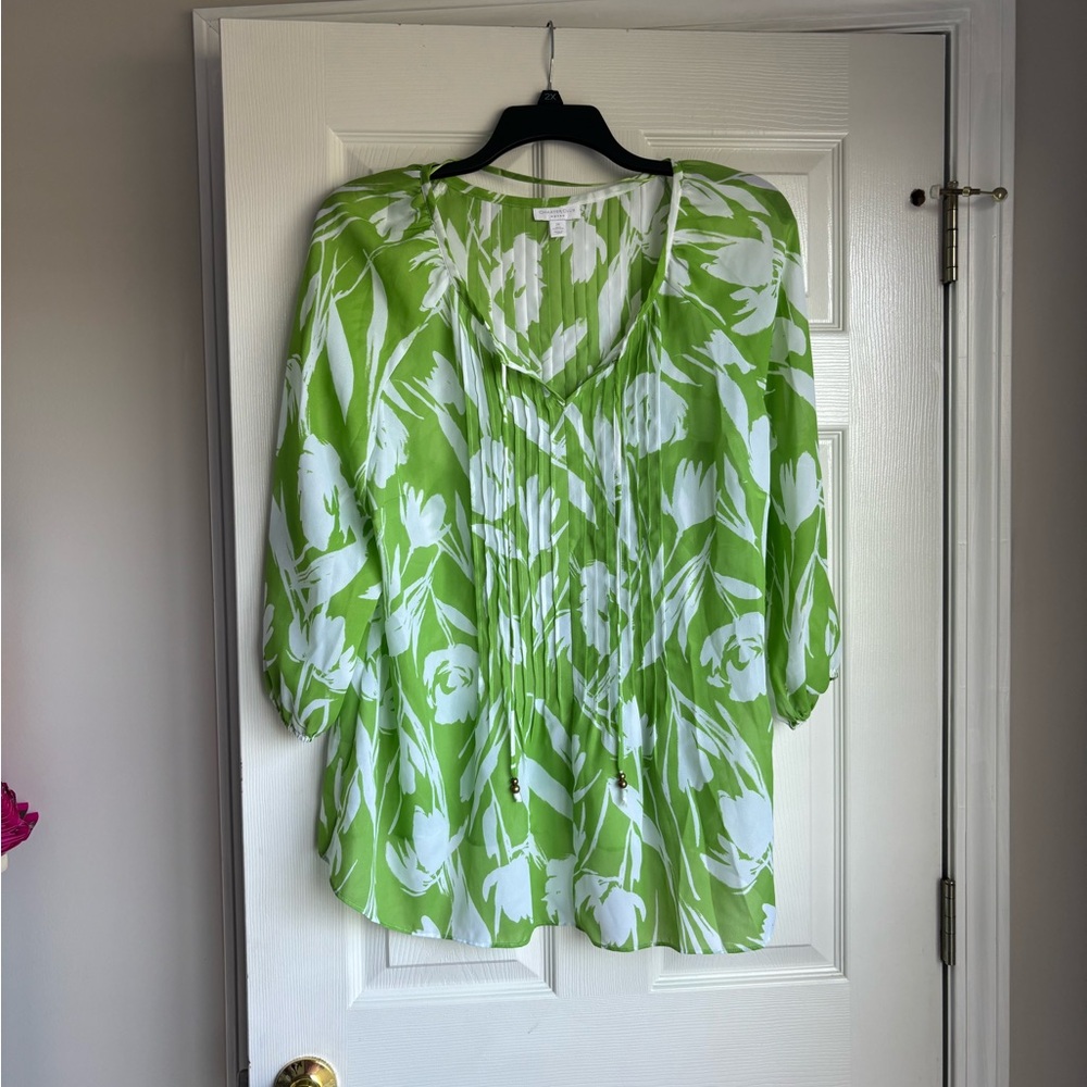 Charter Club Green and White Floral Blouse